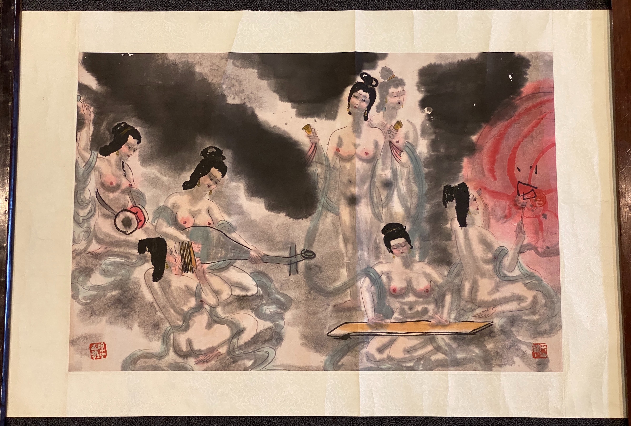 Xiao Shi Fu, late 20th century, painting on paper nude female musicians, Image 45.5cm x 68cm